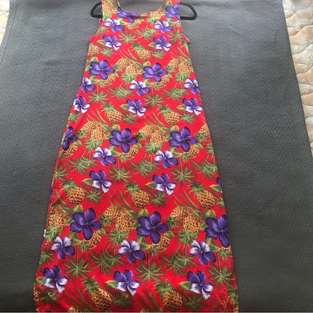 Vintage Dressing Clio Hawaiian Luau Maxi Dress Red Purple Hibiscus Pineapple S